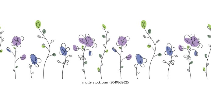 Seamless vector doodle wildflowers with colored spots.
Ornament from branches with leaves and flowers. Pattern from sketches of flowers. Decorative elements for design