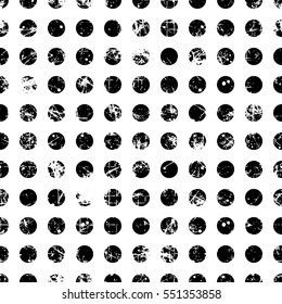 Seamless vector dotted pattern. Black and white geometric background with circles. Grunge texture with attrition, cracks and ambrosia. Old style vintage design. Graphic illustration