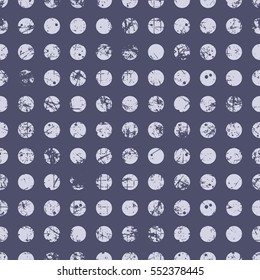 Seamless vector dotted pattern. Blue geometric background with circles. Grunge texture with attrition, cracks and ambrosia. Old style vintage design. Graphic illustration