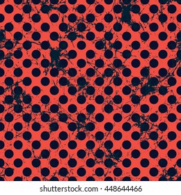 Seamless vector dotted pattern. Creative geometric red and black background with circles. Grunge texture with attrition, cracks and ambrosia. Old style vintage design. Graphic illustration.  