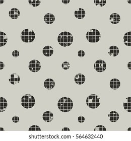 Seamless vector dotted pattern. Grey geometric background with circles. Grunge texture with attrition, cracks and ambrosia, lines, blots, drops. Old style vintage design. Graphic illustration