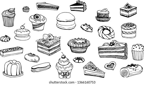 Seamless vector draw pattern illustration with dessert set+endless texture cake with isolated pastry elements black on white background monochrome