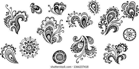 Seamless vector draw pattern illustration with mehendi set+endless texture ornament with isolated decorative elements black on white background monochrome