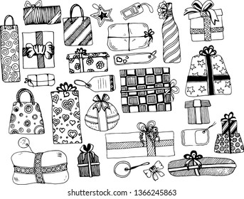 Seamless vector draw pattern illustration with gift set+endless texture decorative box collection with isolated elements black on white background monochrome