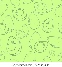 Seamless vector drawing with avocados. Fruit sketch of green avocados on lettuce background in doodle style. 
Botanical pattern for printing on textiles, gift paper, banners, menus. Avocado Harvest.
