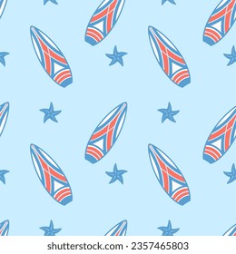 Seamless vector drawing with bright surfboards and seashells on a blue background.