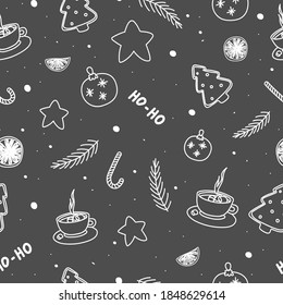 Seamless vector drawing for Christmas on a gray background with white Christmas elements. Holiday pattern for gift wrapping paper, t-shirts, greeting cards, web banners, etc.