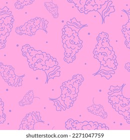 Seamless vector drawing with grapes. Fruit sketch in lilac tones on pink background. Botanical pattern for printing on textiles, 
gift paper, banners, menus. Grapes picking.
