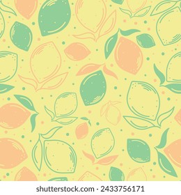 Seamless vector drawing with lemons and foliage. Hand drawn lemon fruits. Botanical print on fabric, textile, wrapping paper. Harvesting lemons.