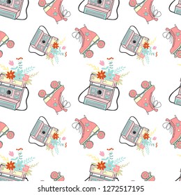 seamless vector drawing of vintage rollers, stars and camera with flowers