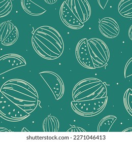 Seamless vector drawing with watermelons. Fruit sketch of watermelons on green background in doodle style. Botanical pattern for 
printing on textiles, gift paper, banners, menus. Watermelon Harvest.