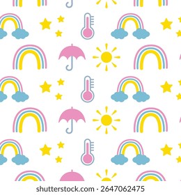 Seamless vector drawing with weather forecast, umbrella, sun, rainbow, thermometer, clouds, stars.