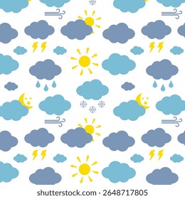 Vetor sem costura desenho com previsão do tempo, nuvens, sol, lua, vento, chuva, neve, relâmpago.
