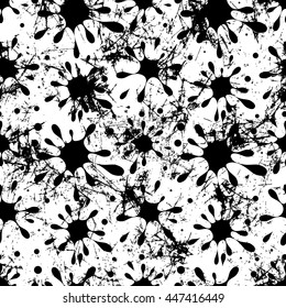 Seamless vector drawn pattern. Creative black and white background with blots. Texture with attrition, cracks. Graphic illustration.  