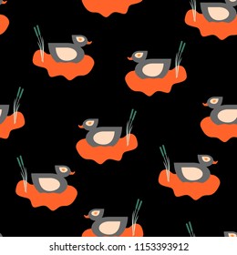Seamless vector duck in red water pattern on black background for wrapping, craft, fabric, textile
