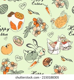 Seamless vector Easter illustration. Pattern rabbits, cupcake, Easter cupcake, flowers, words for print to designers, abstraction, composition