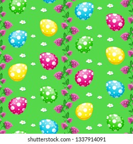 Seamless vector easter pattern with colored eggs and flowers.