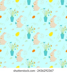 Seamless vector Easter pattern with cute little rabbit and vase with branches decorated eggs. Print for textile, pack, fabric, wallpaper, wrapping.
