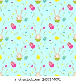 Seamless vector Easter pattern with cute little rabbit, decorated eggs and sprigs of flowers. Print for textile, pack, fabric, wallpaper, wrapping.
