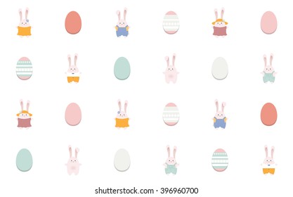 Seamless vector Easter pattern. Cute characters on the white background.
White rabbits and Easter eggs arranged in neat lines.
Great kids design.