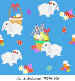 Seamless vector Easter pattern with a festive basket and Easter bunny on a blue background. To decorate the fabric, paper and wallpaper. Illustration.