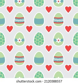 Seamless vector Easter pattern. Painted eggs and hearts. Festive design for textile or wrapping paper. 