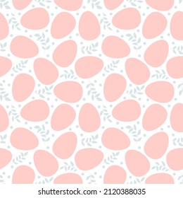 Seamless vector Easter pattern. Pink eggs and sprigs of leaves. Minimalistic holiday design for textile or wrapping paper. 