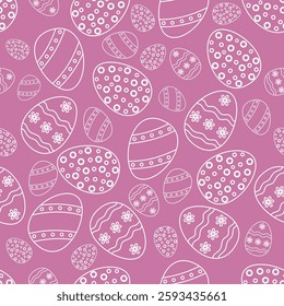 Seamless vector Easter pattern of white line art eggs with polka dots, stripes, wavy lines, and floral design patterns on a soft pink background. Gift wraps, digital wallpapers, fabric prints. EPS10