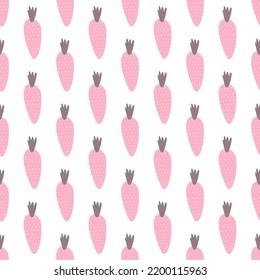 Seamless vector eastern or happy birthday pattern with pastel pink carrots on white background for new born and easter festival parties. For girls and boys apparel or gift and wrapping paper.