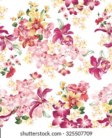 Seamless vector elegant floral pattern with orchids and lilies on a white background.