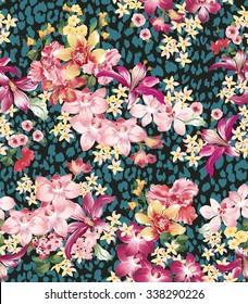 Seamless vector elegant floral pattern with orchids and lilies on a black background with leopard skin imitation.