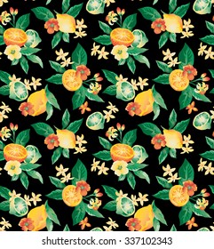 Seamless vector elegant  fruit pattern with blooming lemon and lime on a black background.