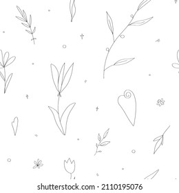 Seamless vector elegant pattern with simple lines of flowers, hearts, branches, stars.  Black grey lines. Wallpaper design. For the wedding, St Valentine Day.