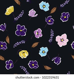  Seamless vector Elegant template for fashion prints. Floral seamless pattern blooming colorful flowers  Botanical  Motifs random.Printing with in hand drawn style on dark blue background