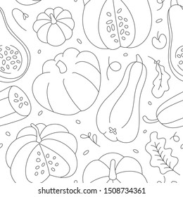 Seamless vector endless background with various shape pumkins. Autumn squash in contour linear hand drawn style made as repeat pattern, good for cafe, menu, farming market or wrapping paper.