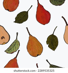 seamless vector endless repeating pattern, juicy ripe pears and falling leaves