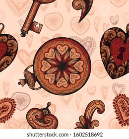 Seamless vector etching handdrawn pattern with stopwatches with hearts and love keys.