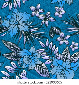 seamless vector ethnic design with flowers. ornamental tribal background with orchids, contour drawing.