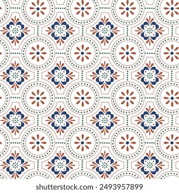 Seamless vector ethnic orange, blue ornament. Floor Tiles Moroccan Design Decor For Interior Exterior Home Decoration Murals Design Used Ceramic Tile on white background.