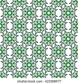 Seamless vector ethnic ornament. Detailed openwork pattern of mandalas on a white background.