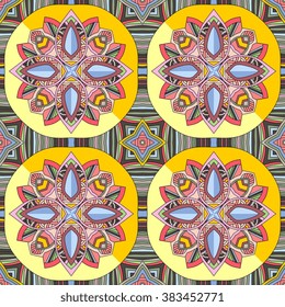 Seamless vector ethnic pattern with colorful geometric flower. Tribal infinity background can be used for floor carpeting, wallpapers, fabrics, websites, ceramic tiles.