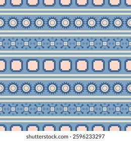 Seamless vector ethnic pattern with flowers, squares and stripes in blue and pink palette. Geometric background for printing on fabrics, textiles, paper, packaging and other surfaces. 