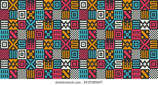 Seamless vector ethnic pattern on black. Bright tribal indian Navajo fabric print. Retro web page fill Aztec seamless native folk wrapping paper texture. Abstract 70s 80s art sacral grid background