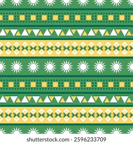 Seamless vector ethnic pattern with triangles and suns in yellow-green palette. Geometric background for printing on fabrics, textiles, paper, packaging and other surfaces.
