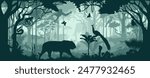 seamless vector evening tropical rainforest Jungle background with tiger, cobra, elephant, peafowl, monkey, deer, python, fruit bat and great hornbill	