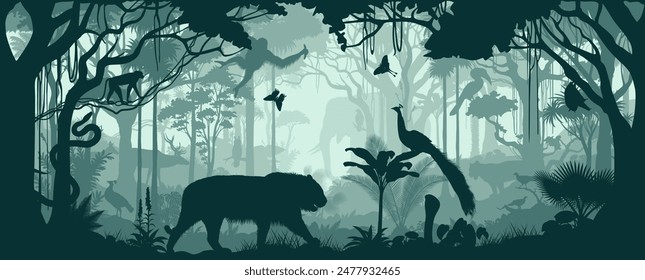 seamless vector evening tropical rainforest Jungle background with tiger, cobra, elephant, peafowl, monkey, deer, python, fruit bat and great hornbill	