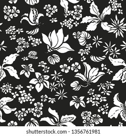 Seamless vector exotic floral pattern with white silhouettes of freehand sketched flowers. Loose drawing. All over crowded flowers  pattern. Black and white print. Bauhinia flowers