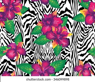 Seamless vector exotic floral print with orchids and zebra skin imitation on a background . 