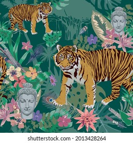 Seamless vector exotic style pattern with tiger, leaves, flowers, buddha head.