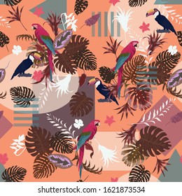 Seamless vector exotic tropical geometrical pattern with macaws, toucans, feathers, leaves.